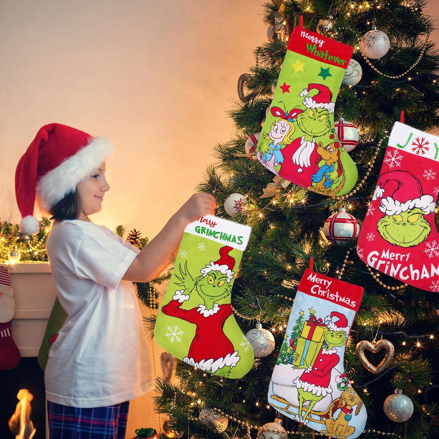 GYGOT 4 Pack Grinchs Christmas Stocking,18 Inch Large Grinchs Stockings Christmas Whoville Decorations for Family Holiday Party Decor