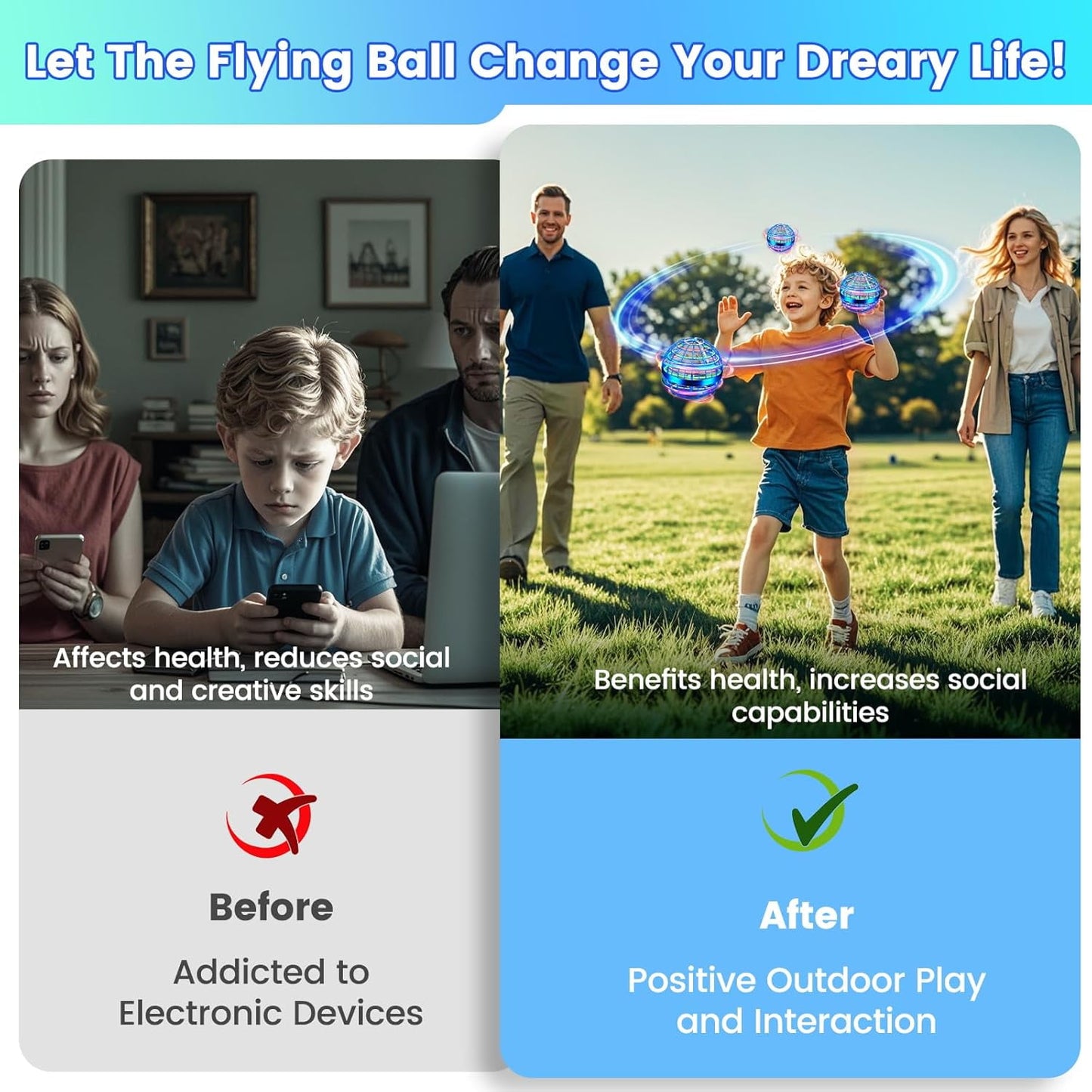 Flying Ball Toys Hover Orb, 2022 Upgraded Rechargeable Controller Mini Drone, 360Rotating Soaring Hand Operated Safe UFO Toys Cool Things with LED Lights for Kids Adults Outdoor Indoor(Blue)