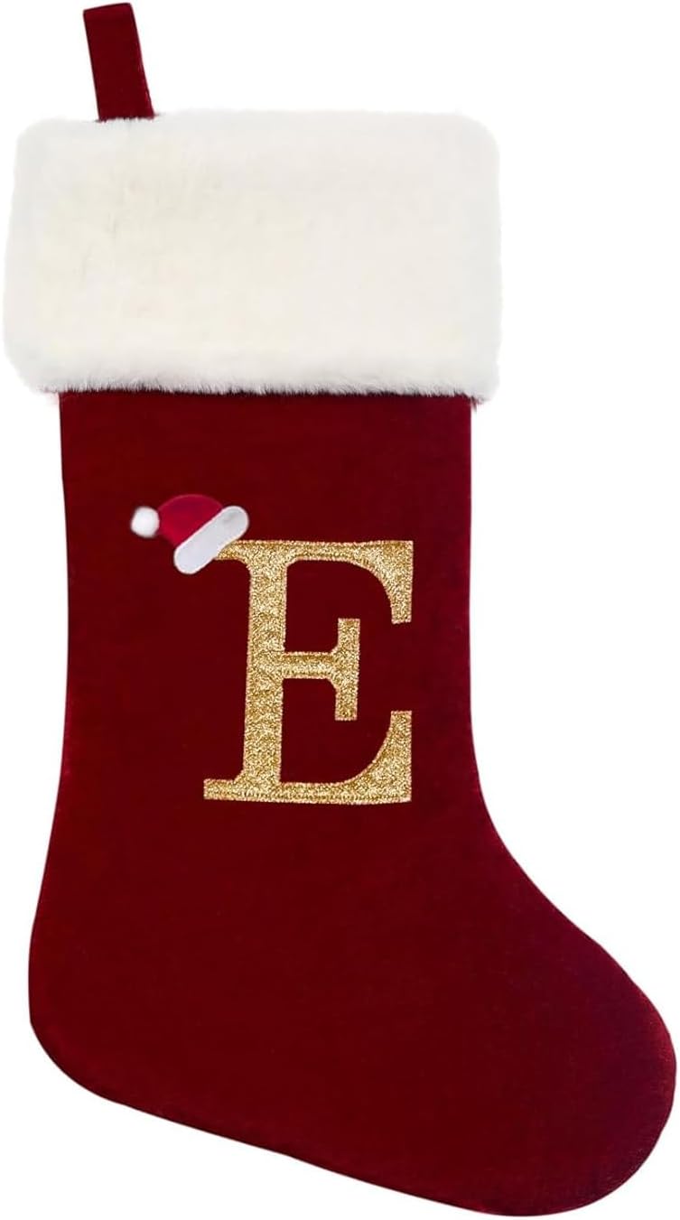 Eoocan 20 Inches Monogram Christmas Stockings Red Velvet with White Super Soft Plush Cuff Embroidered Xmas Stockings Classic Personalized Stocking Decorations for Family Holiday Season Decor(Letter M)