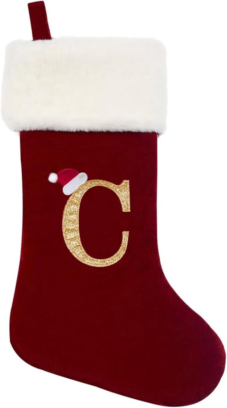 Eoocan 20 Inches Monogram Christmas Stockings Red Velvet with White Super Soft Plush Cuff Embroidered Xmas Stockings Classic Personalized Stocking Decorations for Family Holiday Season Decor(Letter M)