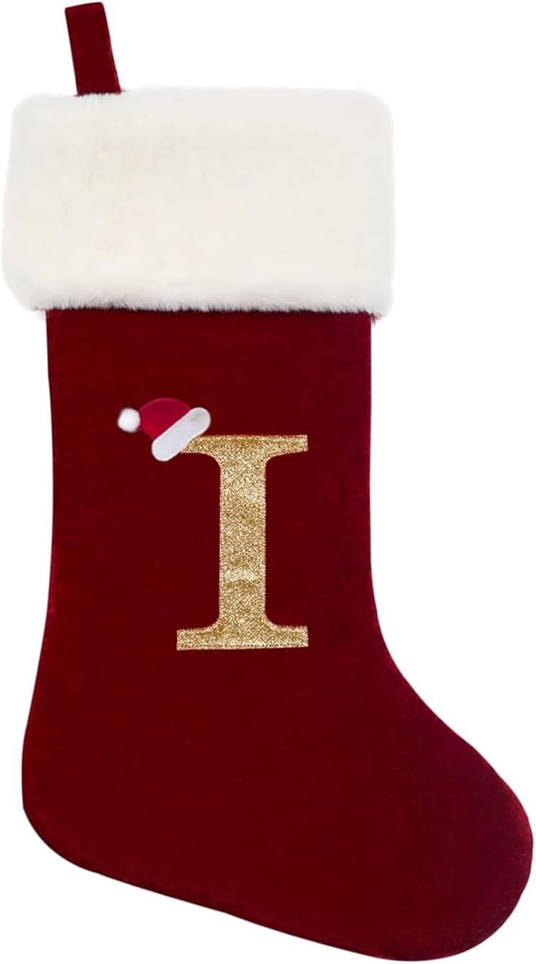 Eoocan 20 Inches Monogram Christmas Stockings Red Velvet with White Super Soft Plush Cuff Embroidered Xmas Stockings Classic Personalized Stocking Decorations for Family Holiday Season Decor(Letter J)