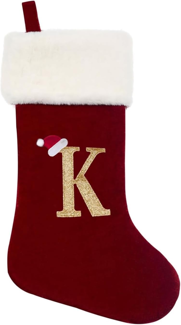 Eoocan 20 Inches Monogram Christmas Stockings Red Velvet with White Super Soft Plush Cuff Embroidered Xmas Stockings Classic Personalized Stocking Decorations for Family Holiday Season Decor(Letter M)