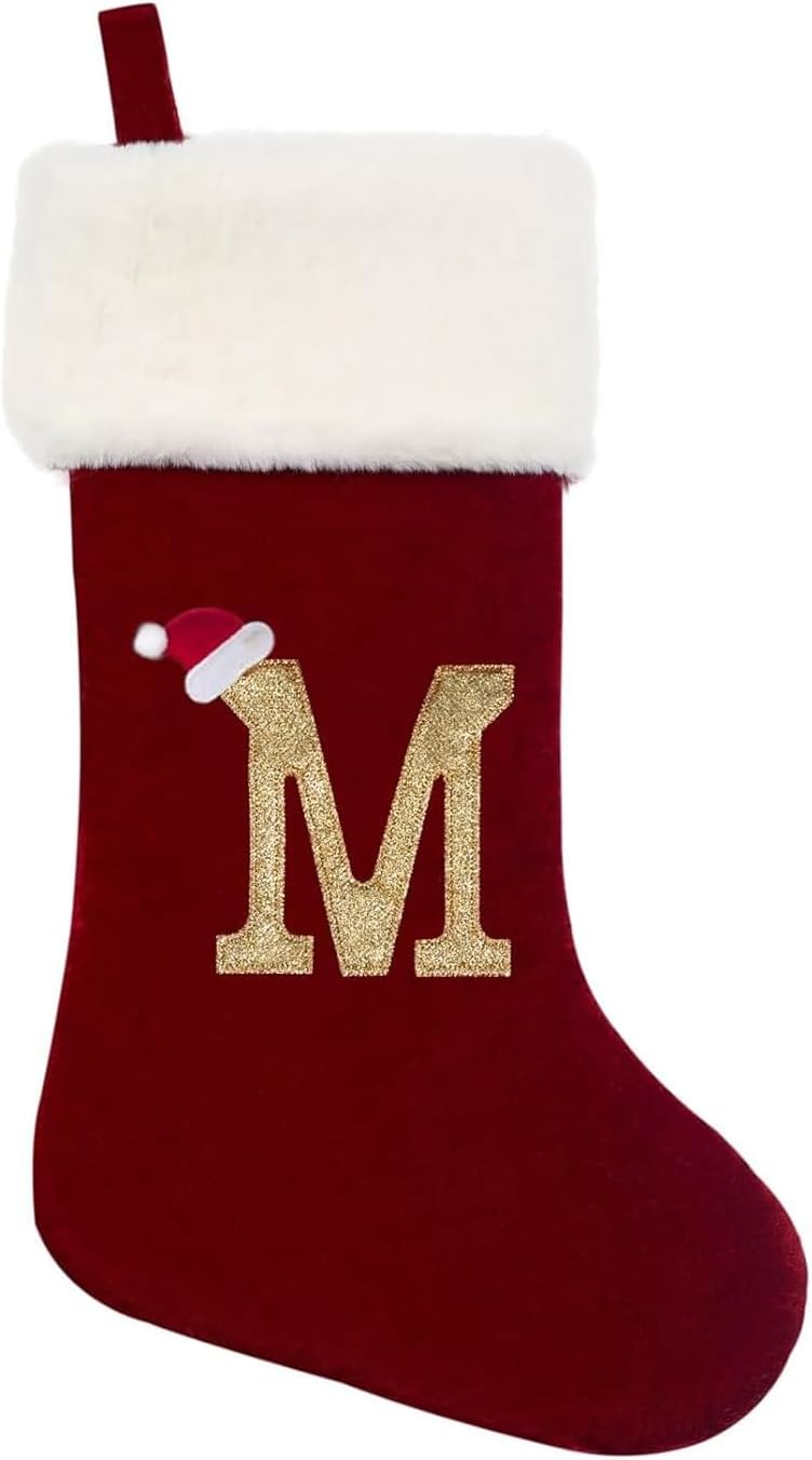 Eoocan 20 Inches Monogram Christmas Stockings Red Velvet with White Super Soft Plush Cuff Embroidered Xmas Stockings Classic Personalized Stocking Decorations for Family Holiday Season Decor(Letter J)