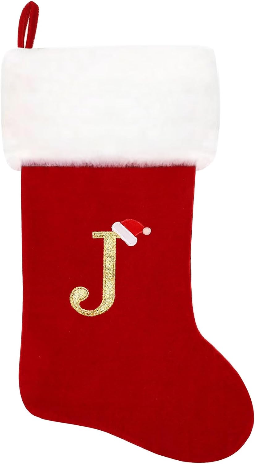 Eoocan 20 Inches Monogram Christmas Stockings Red Velvet with White Super Soft Plush Cuff Embroidered Xmas Stockings Classic Personalized Stocking Decorations for Family Holiday Season Decor(Letter M)