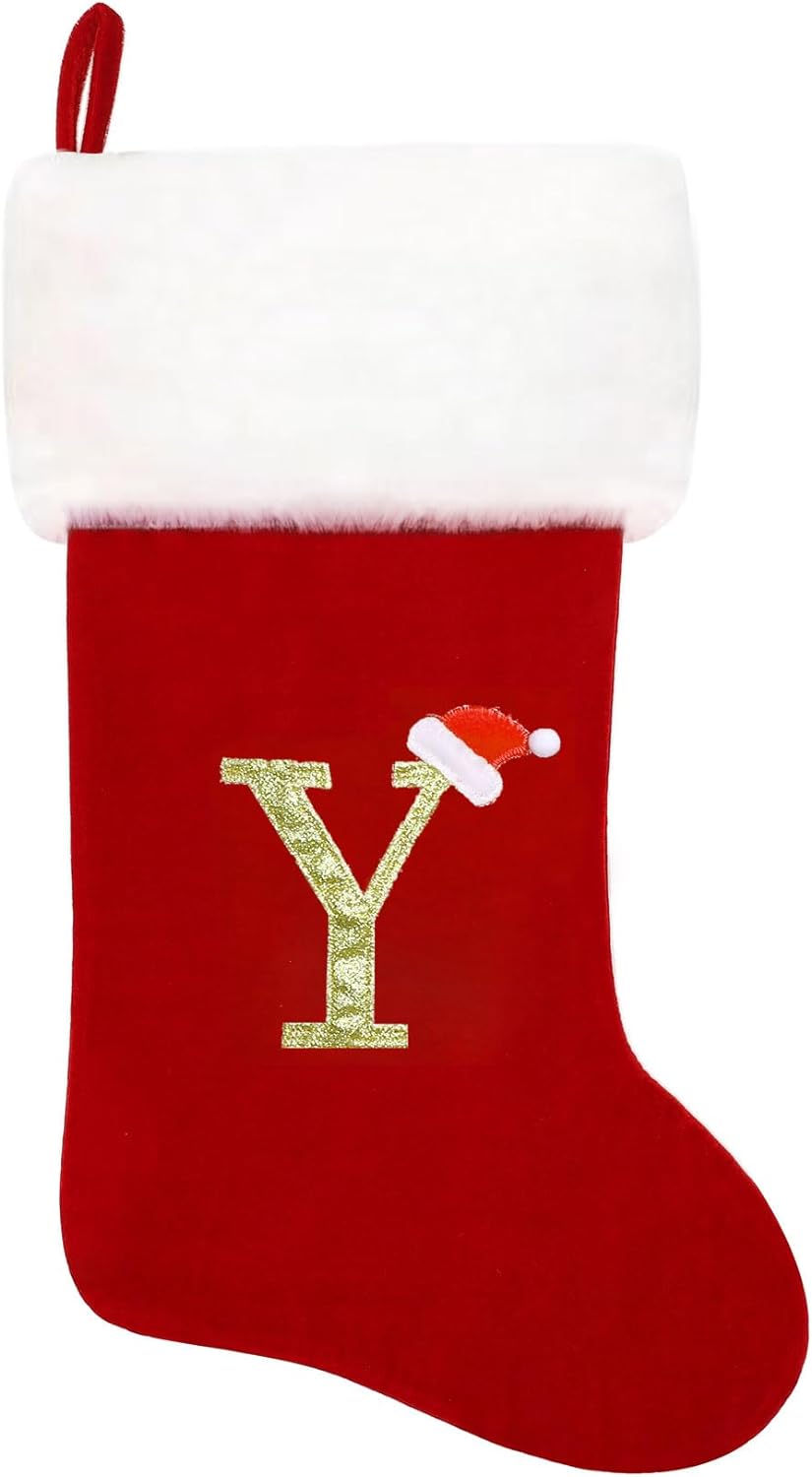 Eoocan 20 Inches Monogram Christmas Stockings Red Velvet with White Super Soft Plush Cuff Embroidered Xmas Stockings Classic Personalized Stocking Decorations for Family Holiday Season Decor(Letter J)
