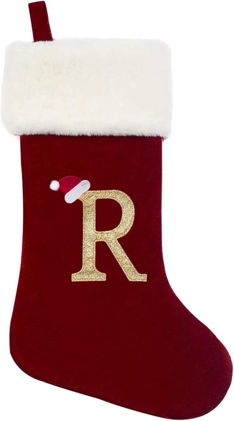 Eoocan 20 Inches Monogram Christmas Stockings Red Velvet with White Super Soft Plush Cuff Embroidered Xmas Stockings Classic Personalized Stocking Decorations for Family Holiday Season Decor(Letter J)