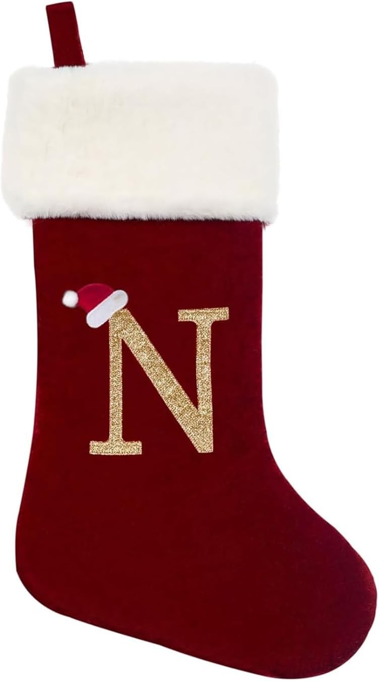 Eoocan 20 Inches Monogram Christmas Stockings Red Velvet with White Super Soft Plush Cuff Embroidered Xmas Stockings Classic Personalized Stocking Decorations for Family Holiday Season Decor(Letter M)
