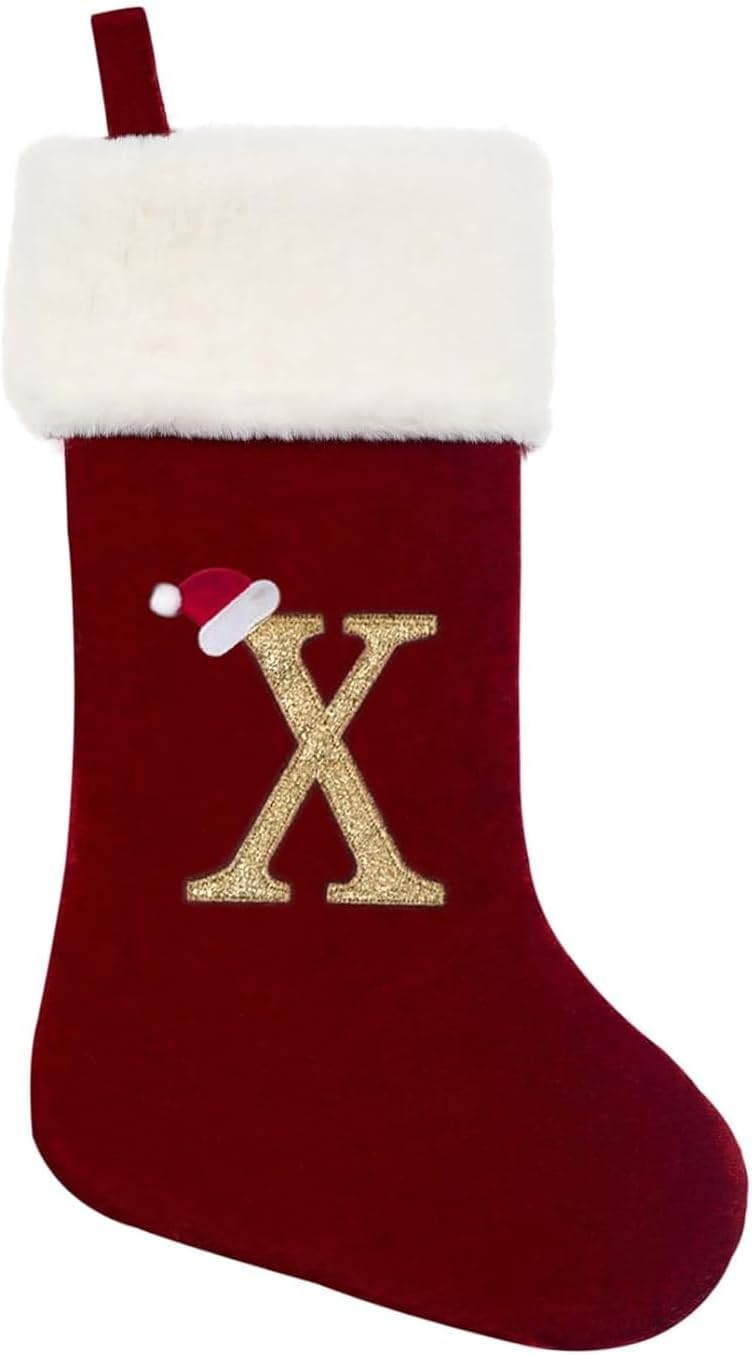 Eoocan 20 Inches Monogram Christmas Stockings Red Velvet with White Super Soft Plush Cuff Embroidered Xmas Stockings Classic Personalized Stocking Decorations for Family Holiday Season Decor(Letter J)