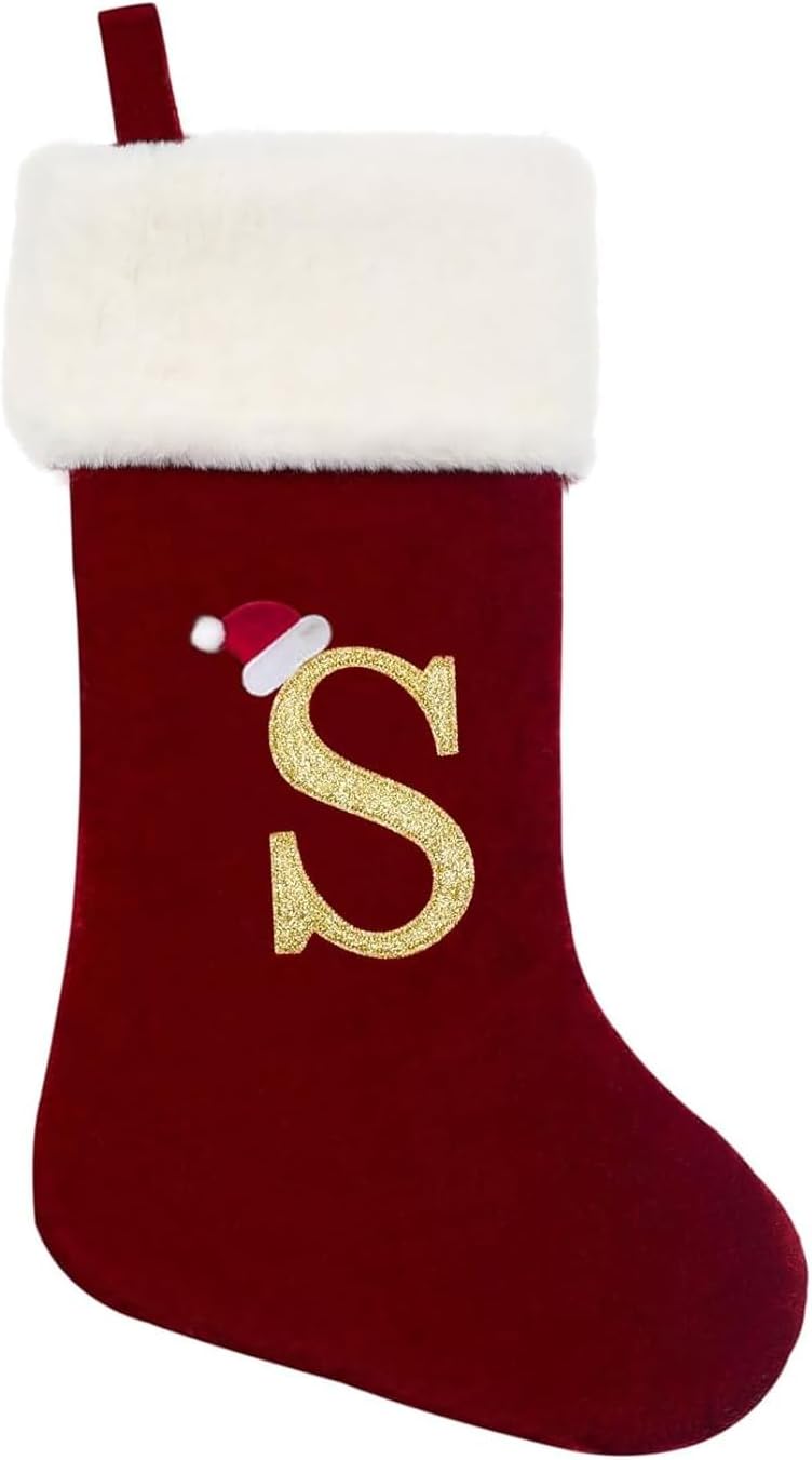 Eoocan 20 Inches Monogram Christmas Stockings Red Velvet with White Super Soft Plush Cuff Embroidered Xmas Stockings Classic Personalized Stocking Decorations for Family Holiday Season Decor(Letter J)
