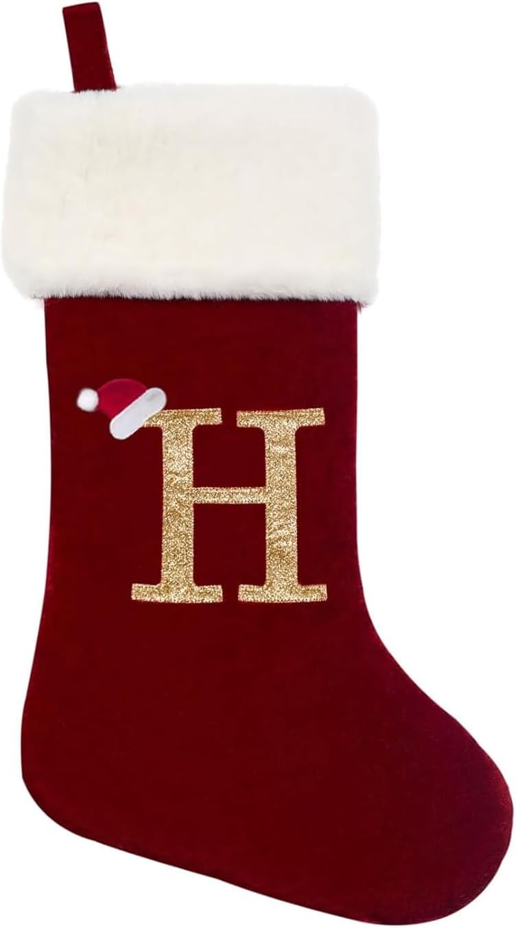Eoocan 20 Inches Monogram Christmas Stockings Red Velvet with White Super Soft Plush Cuff Embroidered Xmas Stockings Classic Personalized Stocking Decorations for Family Holiday Season Decor(Letter J)