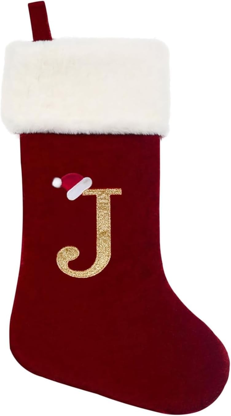 Eoocan 20 Inches Monogram Christmas Stockings Red Velvet with White Super Soft Plush Cuff Embroidered Xmas Stockings Classic Personalized Stocking Decorations for Family Holiday Season Decor(Letter M)