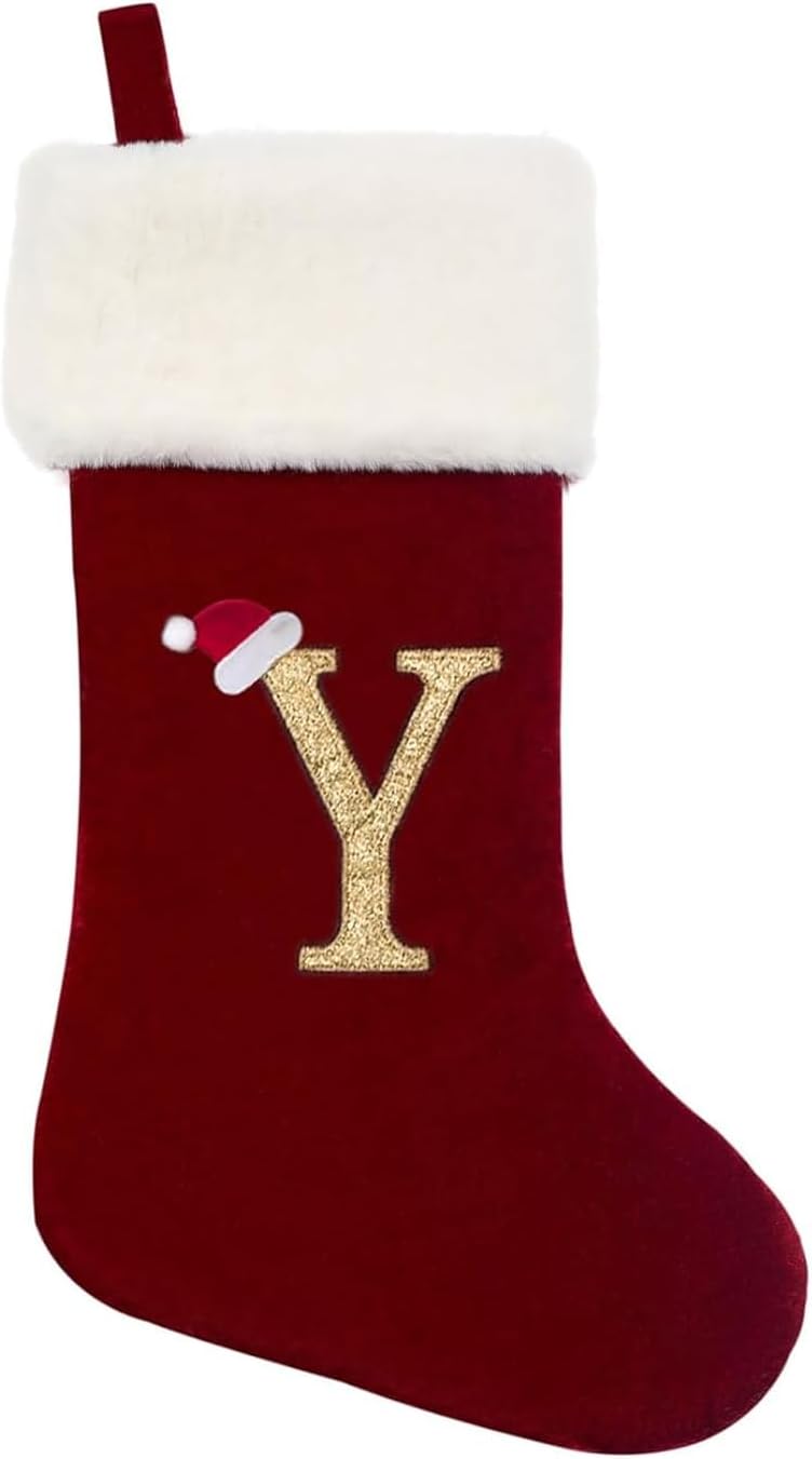 Eoocan 20 Inches Monogram Christmas Stockings Red Velvet with White Super Soft Plush Cuff Embroidered Xmas Stockings Classic Personalized Stocking Decorations for Family Holiday Season Decor(Letter M)