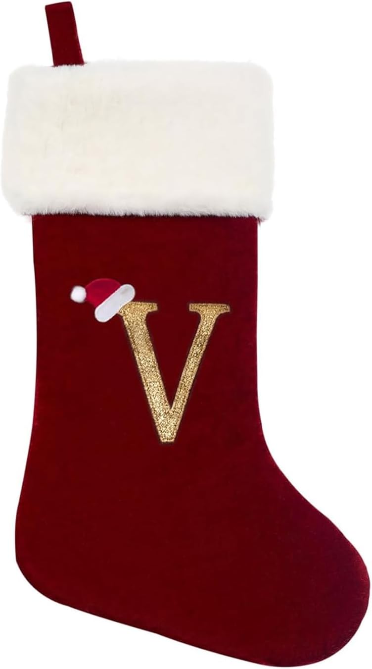 Eoocan 20 Inches Monogram Christmas Stockings Red Velvet with White Super Soft Plush Cuff Embroidered Xmas Stockings Classic Personalized Stocking Decorations for Family Holiday Season Decor(Letter J)
