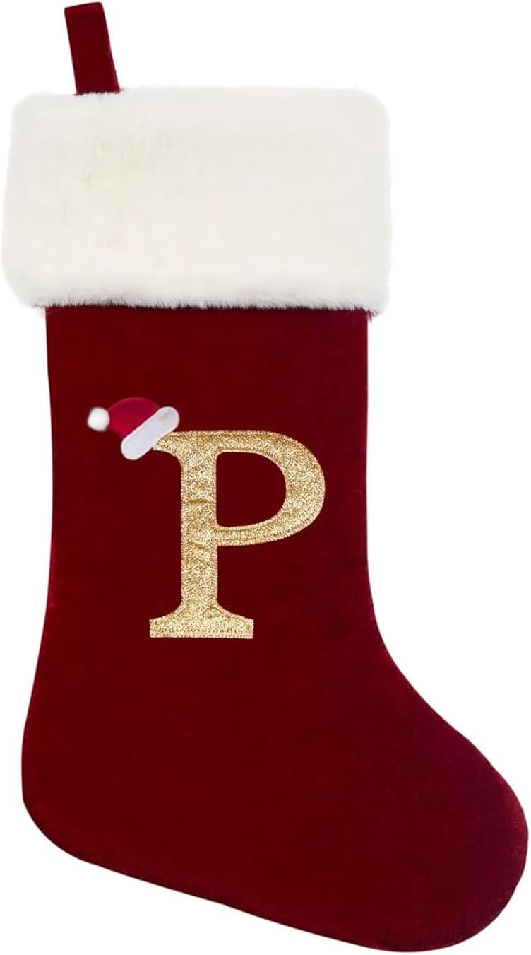 Eoocan 20 Inches Monogram Christmas Stockings Red Velvet with White Super Soft Plush Cuff Embroidered Xmas Stockings Classic Personalized Stocking Decorations for Family Holiday Season Decor(Letter J)