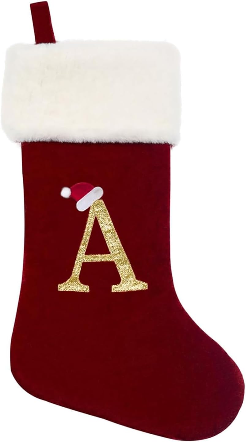 Eoocan 20 Inches Monogram Christmas Stockings Red Velvet with White Super Soft Plush Cuff Embroidered Xmas Stockings Classic Personalized Stocking Decorations for Family Holiday Season Decor(Letter M)
