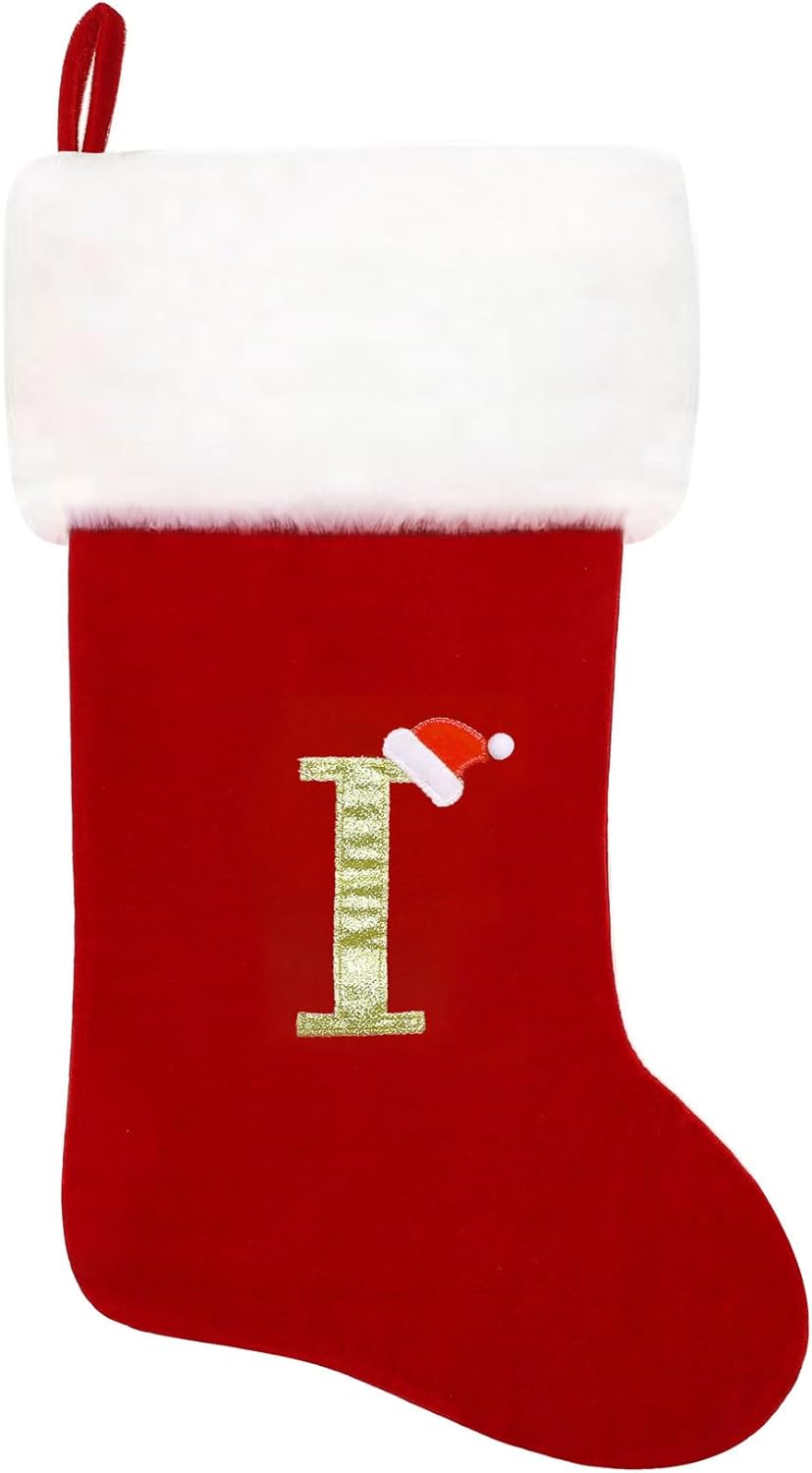 Eoocan 20 Inches Monogram Christmas Stockings Red Velvet with White Super Soft Plush Cuff Embroidered Xmas Stockings Classic Personalized Stocking Decorations for Family Holiday Season Decor(Letter J)