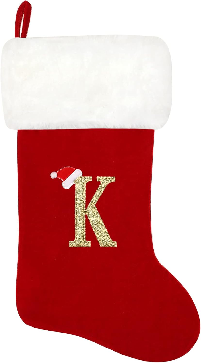 Eoocan 20 Inches Monogram Christmas Stockings Red Velvet with White Super Soft Plush Cuff Embroidered Xmas Stockings Classic Personalized Stocking Decorations for Family Holiday Season Decor(Letter M)