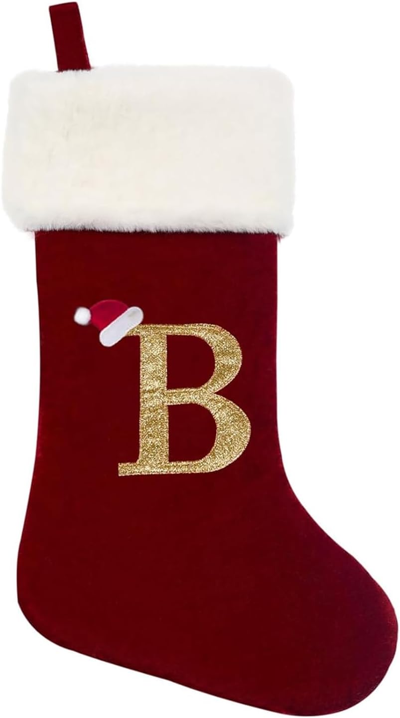 Eoocan 20 Inches Monogram Christmas Stockings Red Velvet with White Super Soft Plush Cuff Embroidered Xmas Stockings Classic Personalized Stocking Decorations for Family Holiday Season Decor(Letter J)