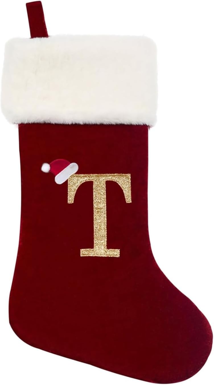 Eoocan 20 Inches Monogram Christmas Stockings Red Velvet with White Super Soft Plush Cuff Embroidered Xmas Stockings Classic Personalized Stocking Decorations for Family Holiday Season Decor(Letter J)