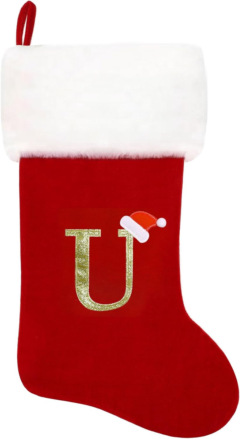 Eoocan 20 Inches Monogram Christmas Stockings Red Velvet with White Super Soft Plush Cuff Embroidered Xmas Stockings Classic Personalized Stocking Decorations for Family Holiday Season Decor(Letter M)
