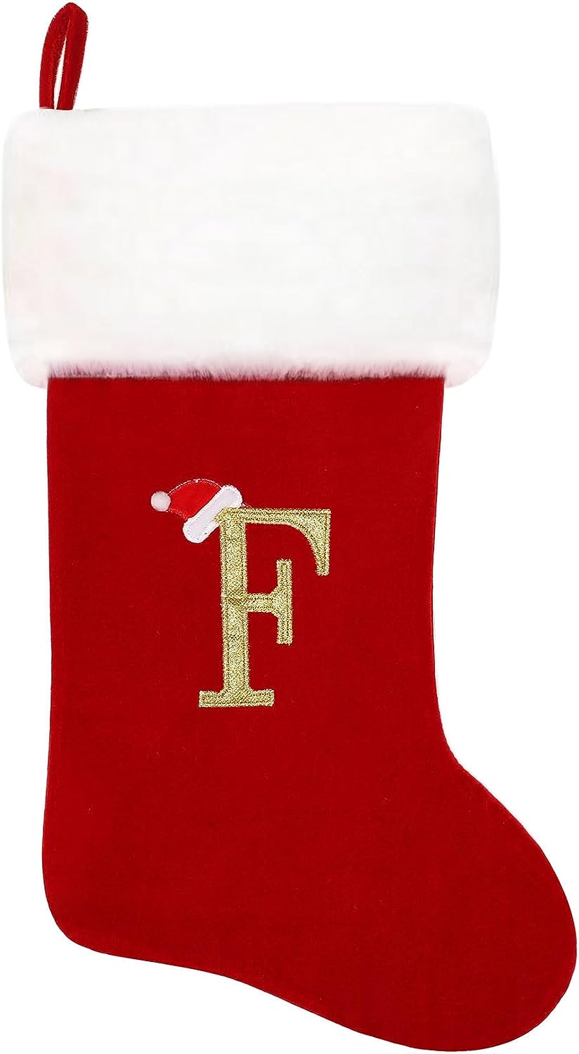 Eoocan 20 Inches Monogram Christmas Stockings Red Velvet with White Super Soft Plush Cuff Embroidered Xmas Stockings Classic Personalized Stocking Decorations for Family Holiday Season Decor(Letter J)