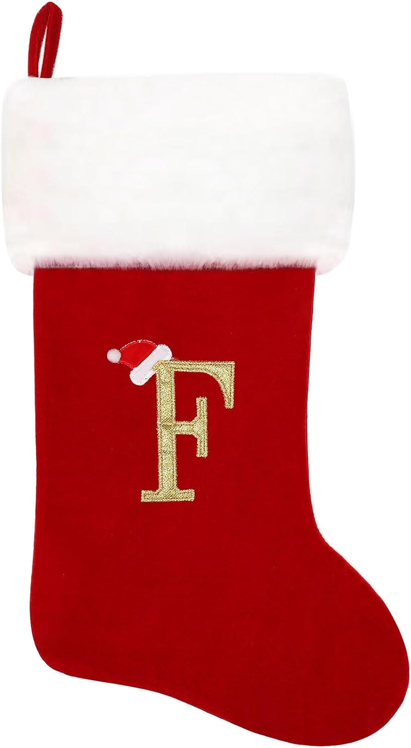 Eoocan 20 Inches Monogram Christmas Stockings Red Velvet with White Super Soft Plush Cuff Embroidered Xmas Stockings Classic Personalized Stocking Decorations for Family Holiday Season Decor(Letter M)