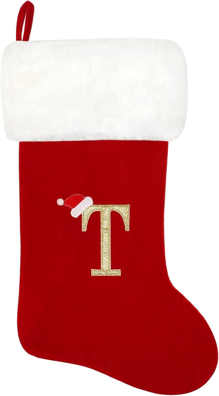 Eoocan 20 Inches Monogram Christmas Stockings Red Velvet with White Super Soft Plush Cuff Embroidered Xmas Stockings Classic Personalized Stocking Decorations for Family Holiday Season Decor(Letter J)