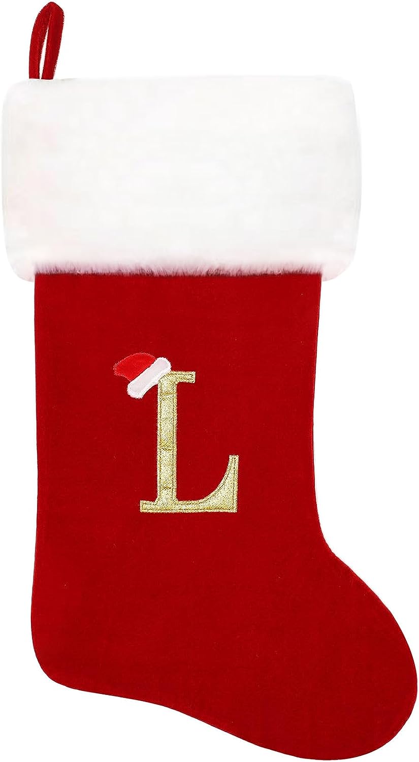 Eoocan 20 Inches Monogram Christmas Stockings Red Velvet with White Super Soft Plush Cuff Embroidered Xmas Stockings Classic Personalized Stocking Decorations for Family Holiday Season Decor(Letter J)