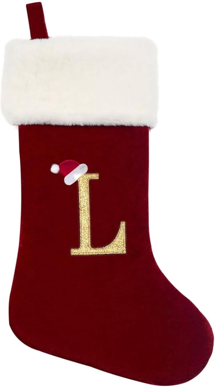 Eoocan 20 Inches Monogram Christmas Stockings Red Velvet with White Super Soft Plush Cuff Embroidered Xmas Stockings Classic Personalized Stocking Decorations for Family Holiday Season Decor(Letter J)