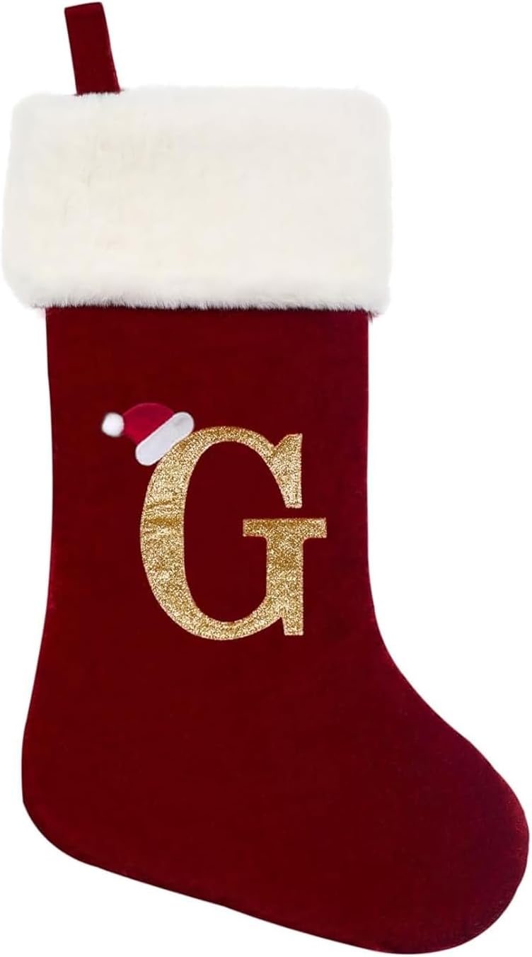 Eoocan 20 Inches Monogram Christmas Stockings Red Velvet with White Super Soft Plush Cuff Embroidered Xmas Stockings Classic Personalized Stocking Decorations for Family Holiday Season Decor(Letter J)