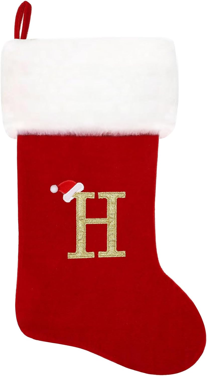 Eoocan 20 Inches Monogram Christmas Stockings Red Velvet with White Super Soft Plush Cuff Embroidered Xmas Stockings Classic Personalized Stocking Decorations for Family Holiday Season Decor(Letter J)
