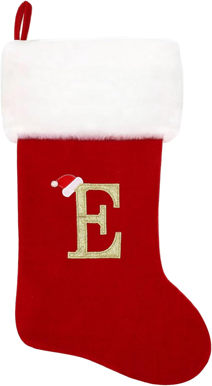 Eoocan 20 Inches Monogram Christmas Stockings Red Velvet with White Super Soft Plush Cuff Embroidered Xmas Stockings Classic Personalized Stocking Decorations for Family Holiday Season Decor(Letter J)