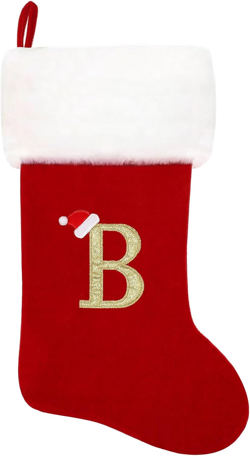 Eoocan 20 Inches Monogram Christmas Stockings Red Velvet with White Super Soft Plush Cuff Embroidered Xmas Stockings Classic Personalized Stocking Decorations for Family Holiday Season Decor(Letter J)