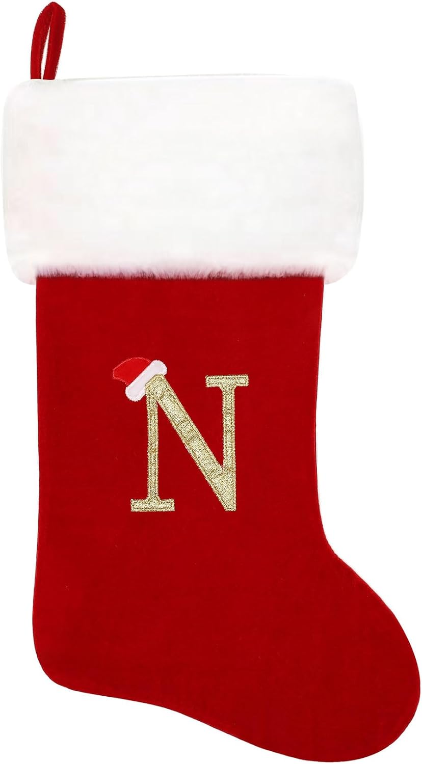 Eoocan 20 Inches Monogram Christmas Stockings Red Velvet with White Super Soft Plush Cuff Embroidered Xmas Stockings Classic Personalized Stocking Decorations for Family Holiday Season Decor(Letter J)