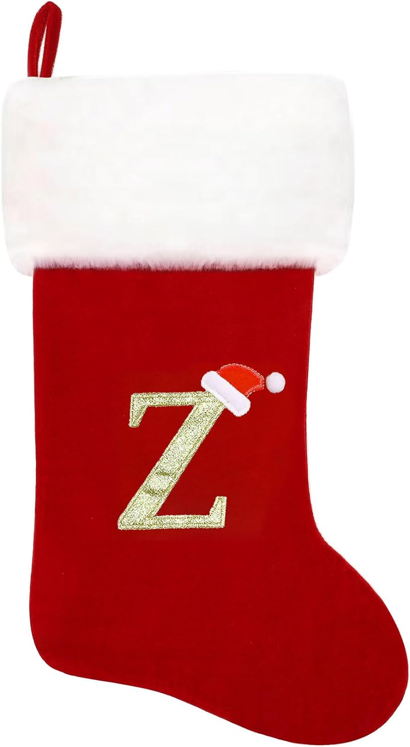 Eoocan 20 Inches Monogram Christmas Stockings Red Velvet with White Super Soft Plush Cuff Embroidered Xmas Stockings Classic Personalized Stocking Decorations for Family Holiday Season Decor(Letter J)