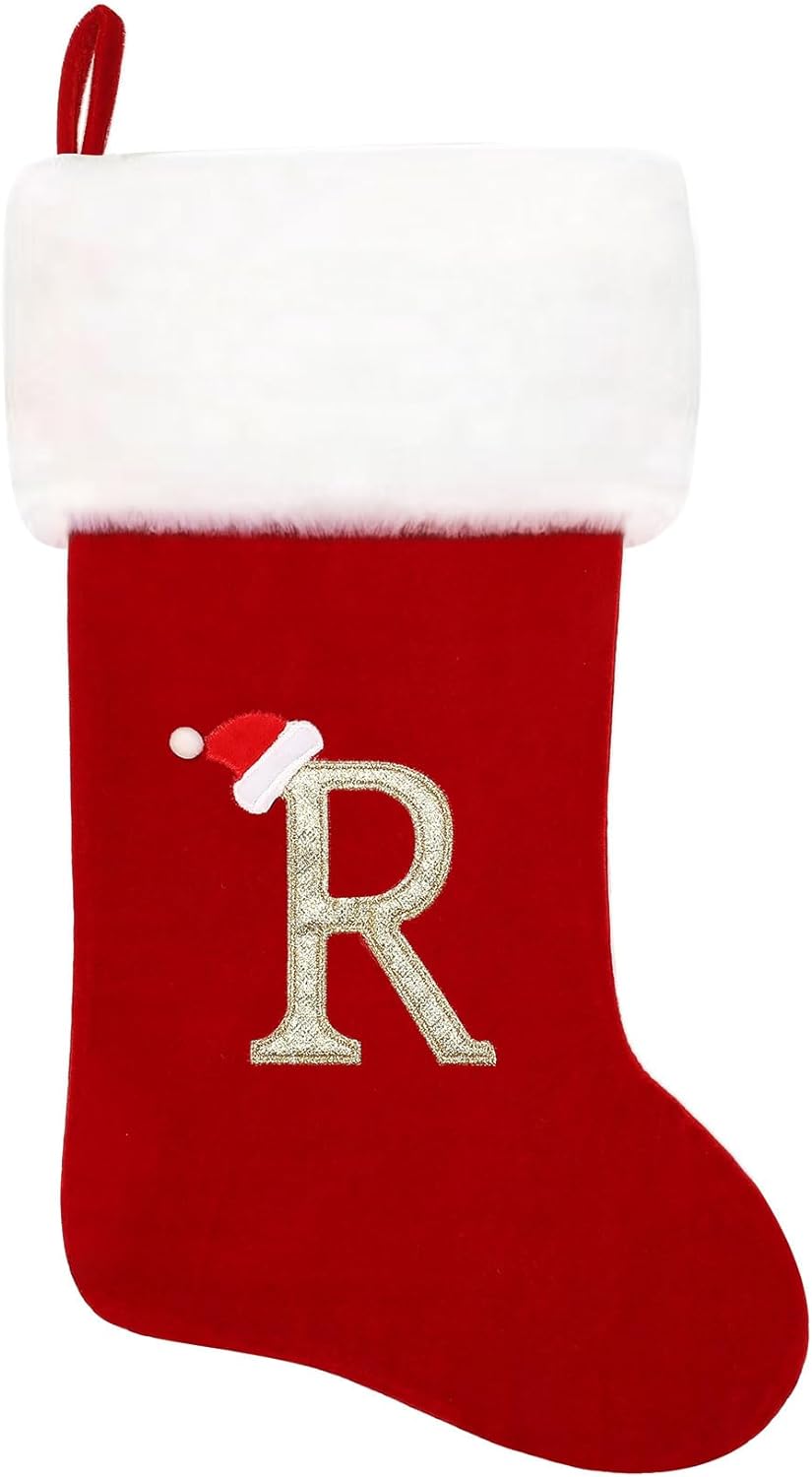 Eoocan 20 Inches Monogram Christmas Stockings Red Velvet with White Super Soft Plush Cuff Embroidered Xmas Stockings Classic Personalized Stocking Decorations for Family Holiday Season Decor(Letter J)