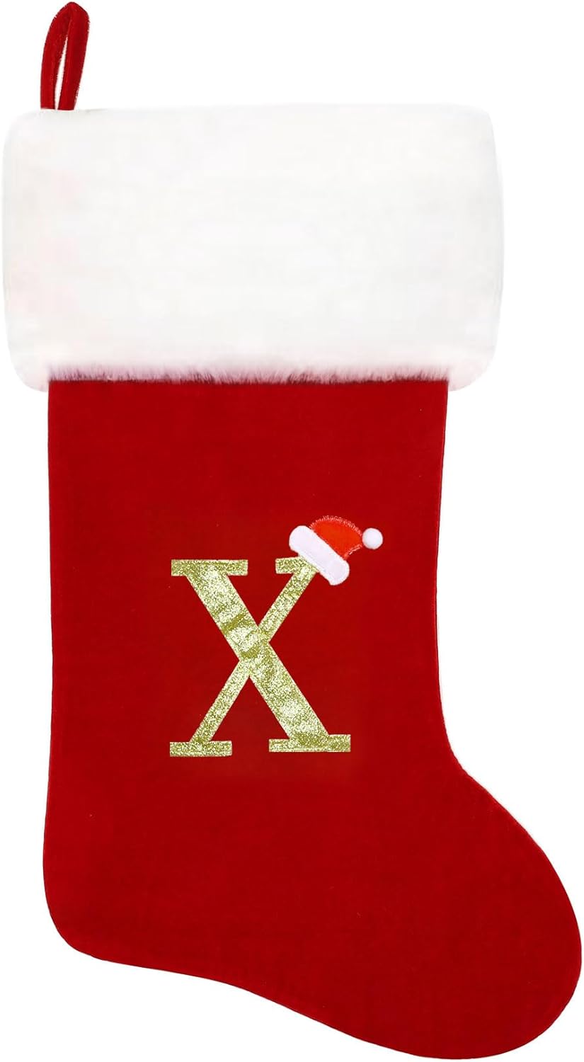 Eoocan 20 Inches Monogram Christmas Stockings Red Velvet with White Super Soft Plush Cuff Embroidered Xmas Stockings Classic Personalized Stocking Decorations for Family Holiday Season Decor(Letter M)