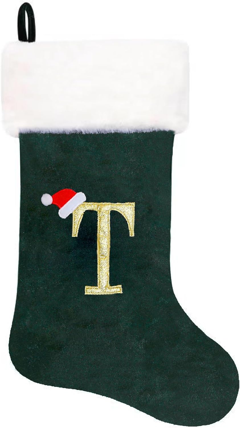 Eoocan 20 Inches Monogram Christmas Stockings Red Velvet with White Super Soft Plush Cuff Embroidered Xmas Stockings Classic Personalized Stocking Decorations for Family Holiday Season Decor(Letter J)