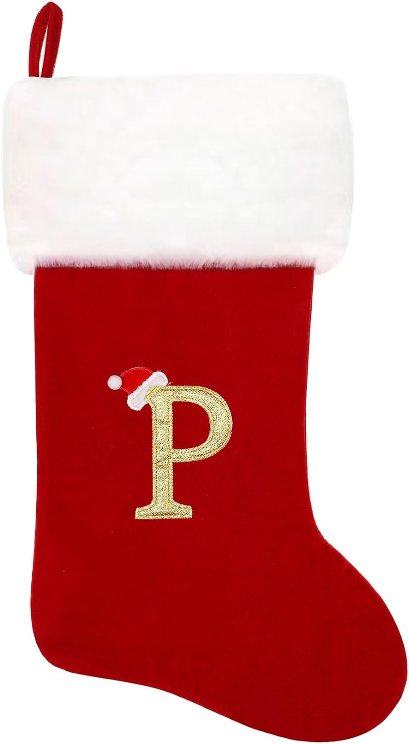 Eoocan 20 Inches Monogram Christmas Stockings Red Velvet with White Super Soft Plush Cuff Embroidered Xmas Stockings Classic Personalized Stocking Decorations for Family Holiday Season Decor(Letter J)