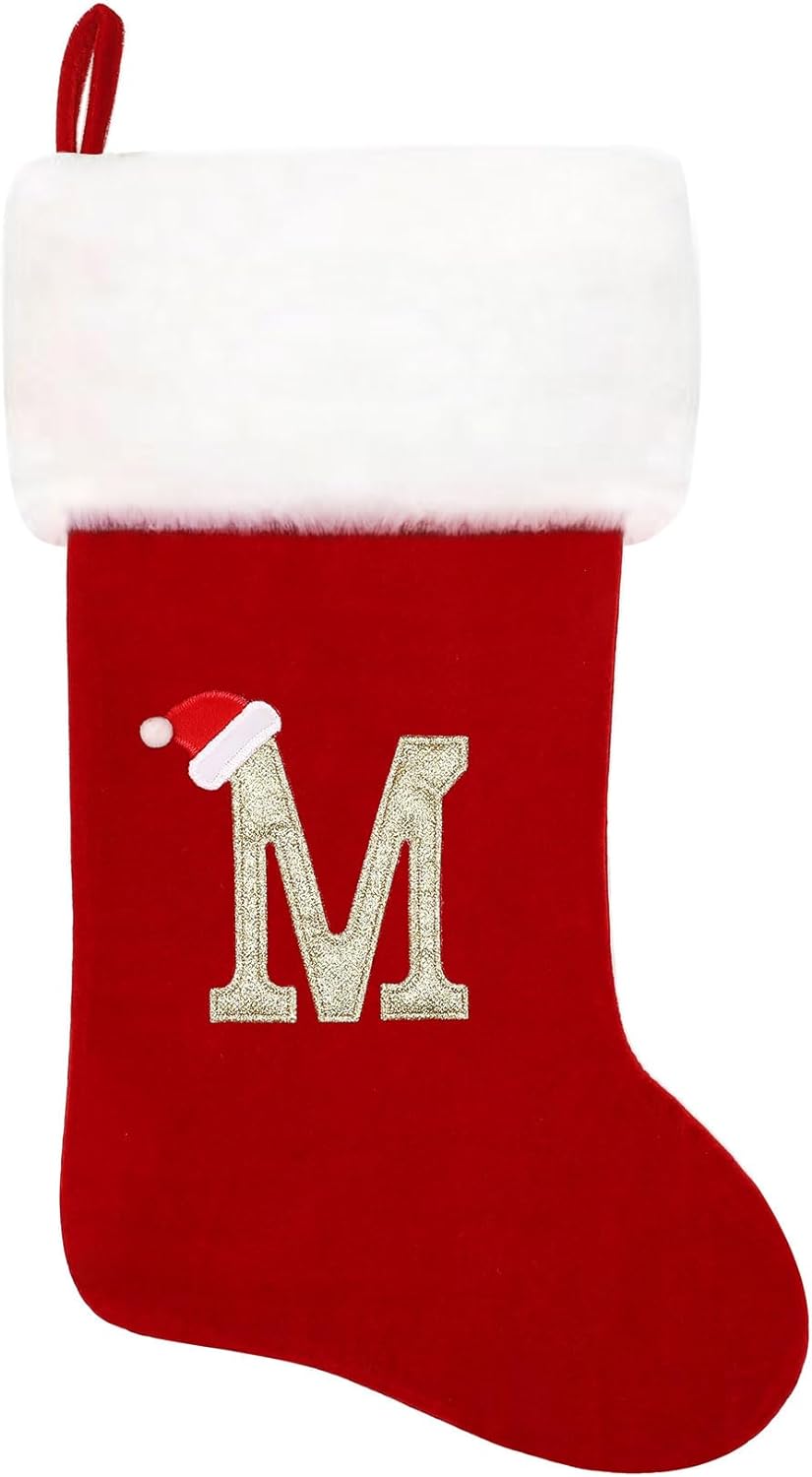 Eoocan 20 Inches Monogram Christmas Stockings Red Velvet with White Super Soft Plush Cuff Embroidered Xmas Stockings Classic Personalized Stocking Decorations for Family Holiday Season Decor(Letter J)