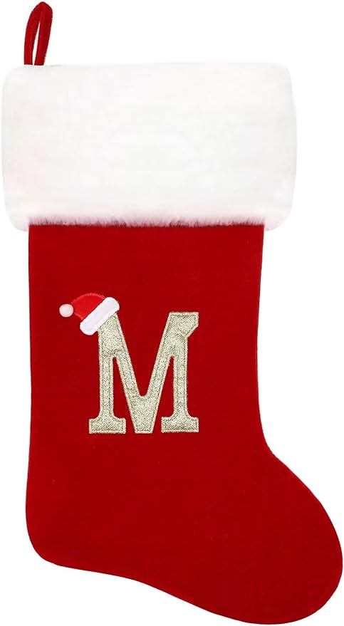 Eoocan 20 Inches Monogram Christmas Stockings Red Velvet with White Super Soft Plush Cuff Embroidered Xmas Stockings Classic Personalized Stocking Decorations for Family Holiday Season Decor(Letter M)