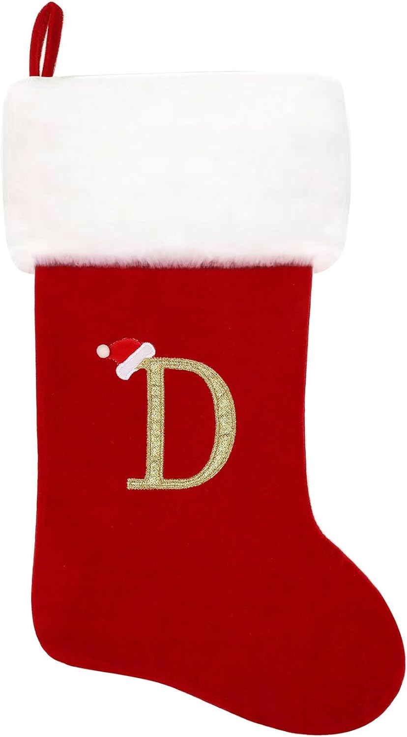 Eoocan 20 Inches Monogram Christmas Stockings Red Velvet with White Super Soft Plush Cuff Embroidered Xmas Stockings Classic Personalized Stocking Decorations for Family Holiday Season Decor(Letter J)