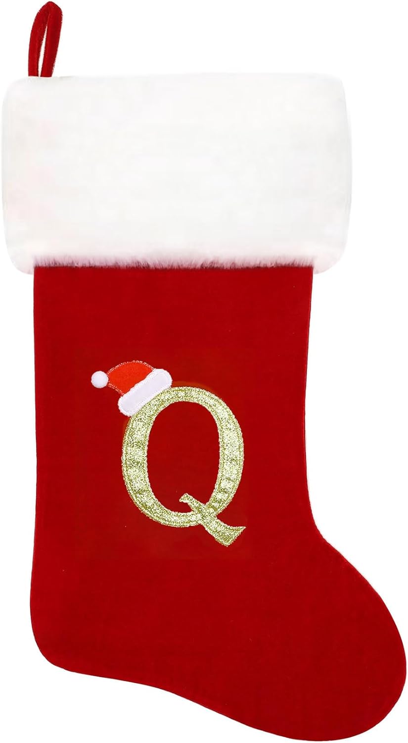 Eoocan 20 Inches Monogram Christmas Stockings Red Velvet with White Super Soft Plush Cuff Embroidered Xmas Stockings Classic Personalized Stocking Decorations for Family Holiday Season Decor(Letter M)