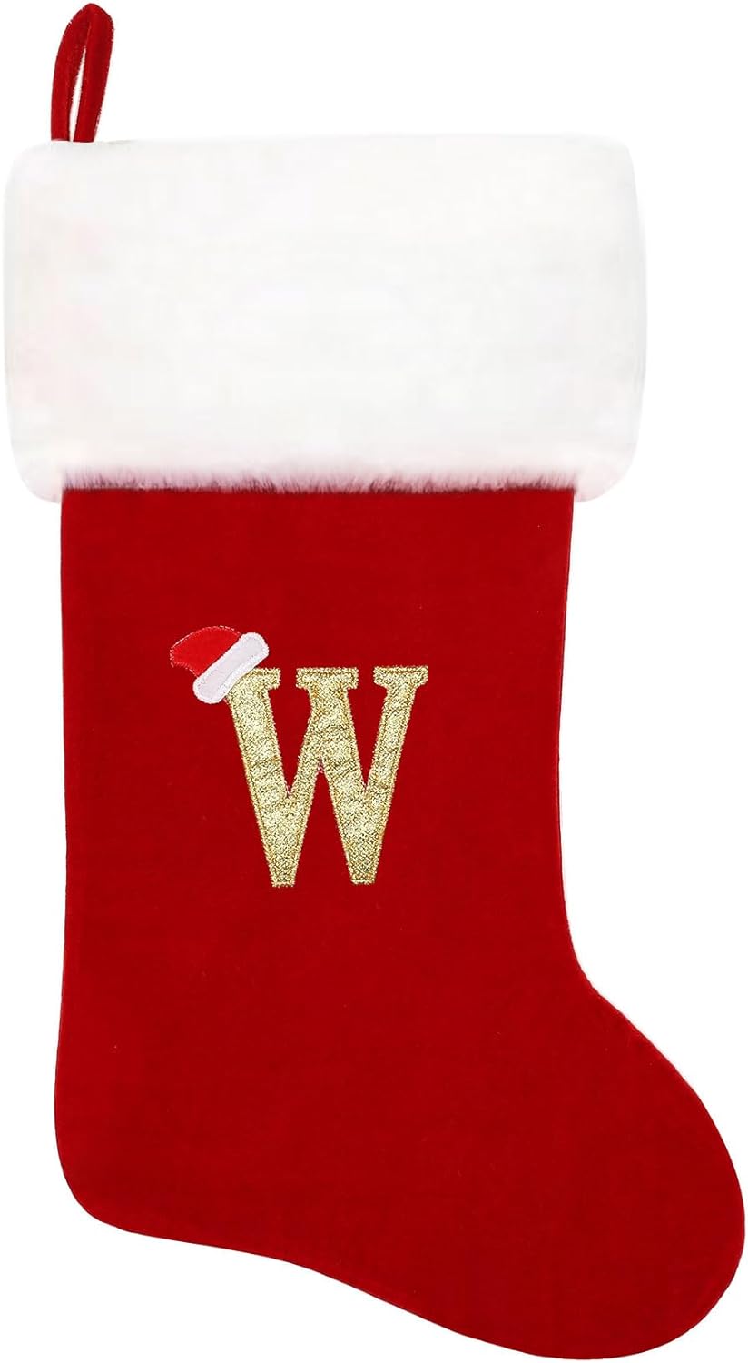 Eoocan 20 Inches Monogram Christmas Stockings Red Velvet with White Super Soft Plush Cuff Embroidered Xmas Stockings Classic Personalized Stocking Decorations for Family Holiday Season Decor(Letter J)