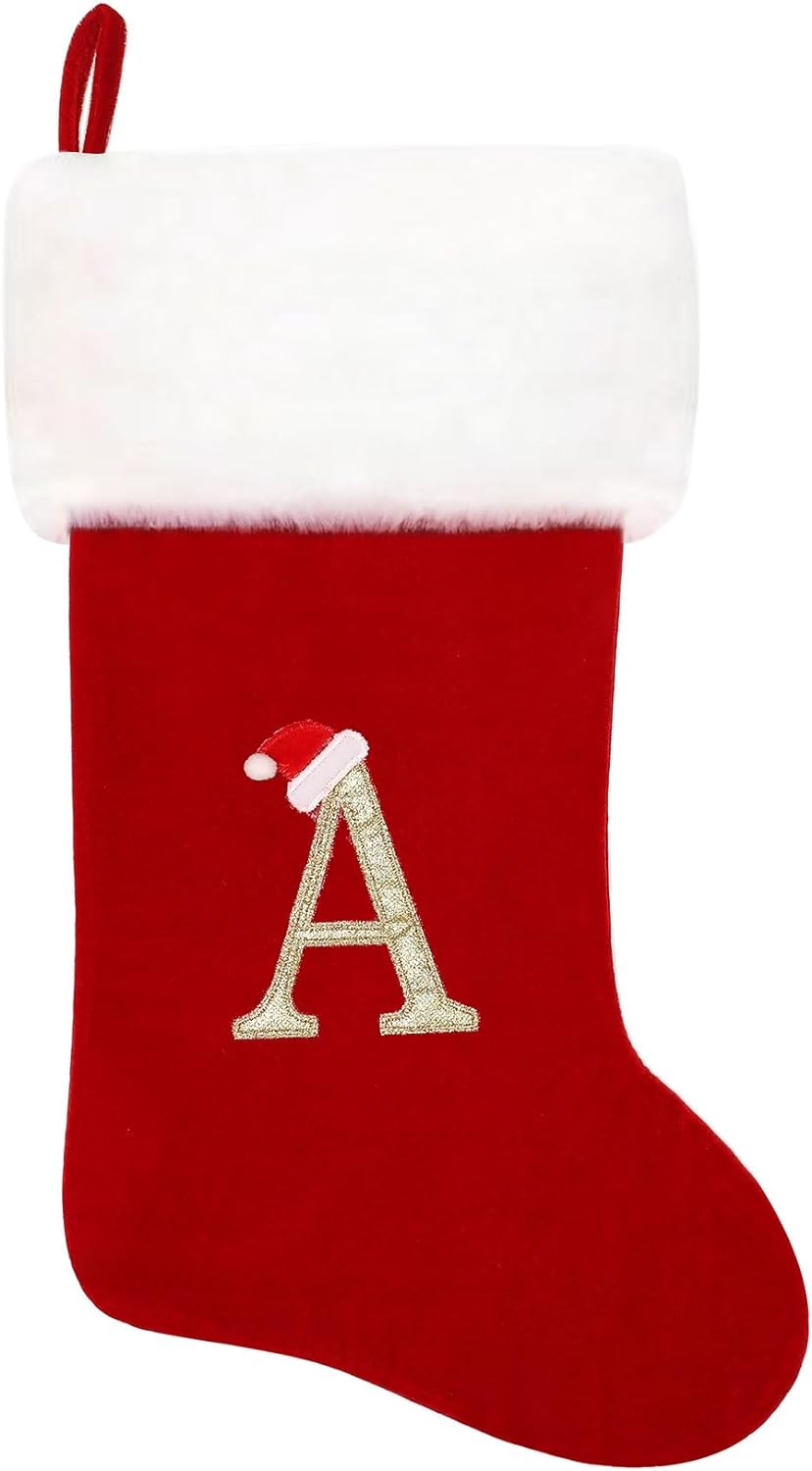 Eoocan 20 Inches Monogram Christmas Stockings Red Velvet with White Super Soft Plush Cuff Embroidered Xmas Stockings Classic Personalized Stocking Decorations for Family Holiday Season Decor(Letter J)