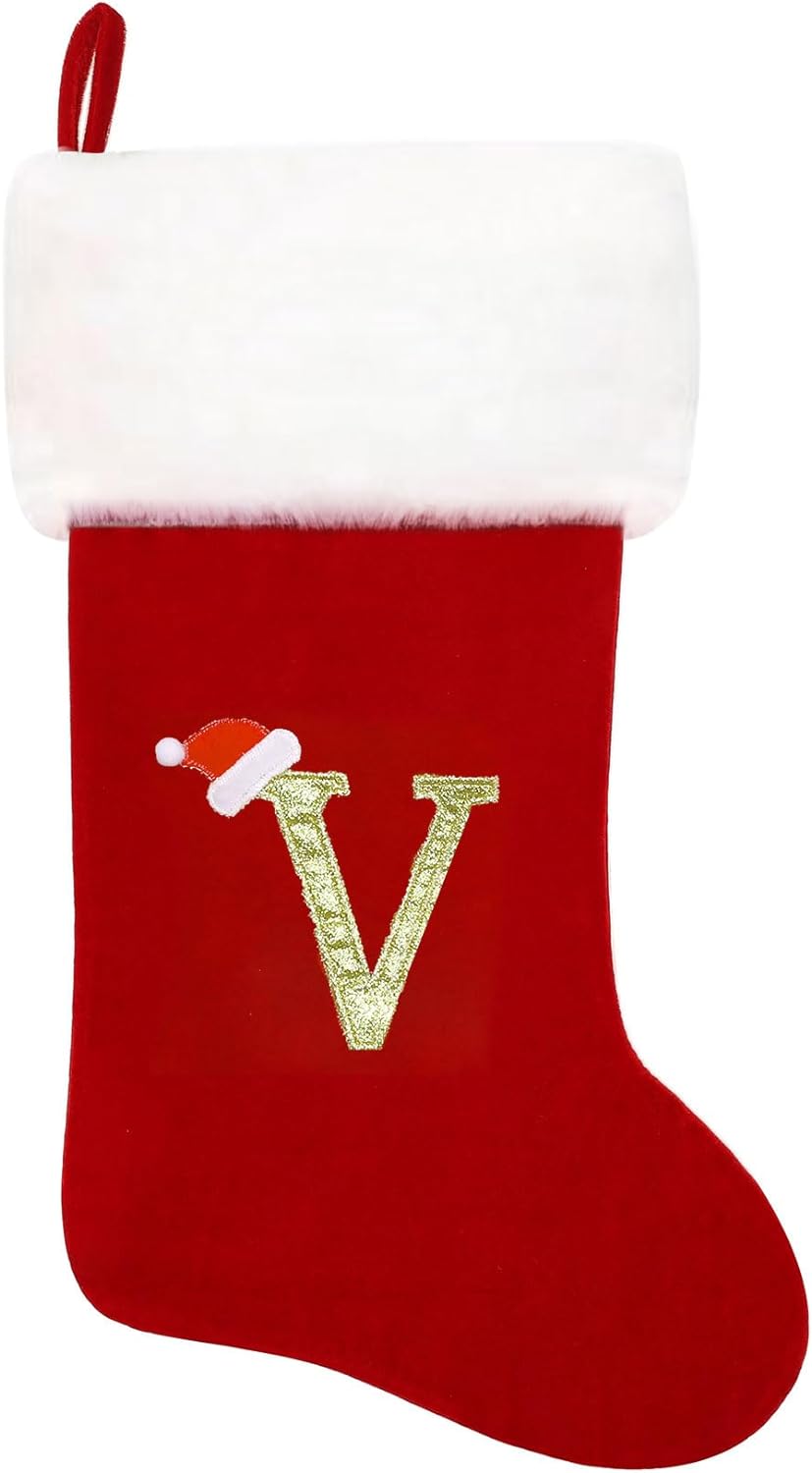 Eoocan 20 Inches Monogram Christmas Stockings Red Velvet with White Super Soft Plush Cuff Embroidered Xmas Stockings Classic Personalized Stocking Decorations for Family Holiday Season Decor(Letter J)