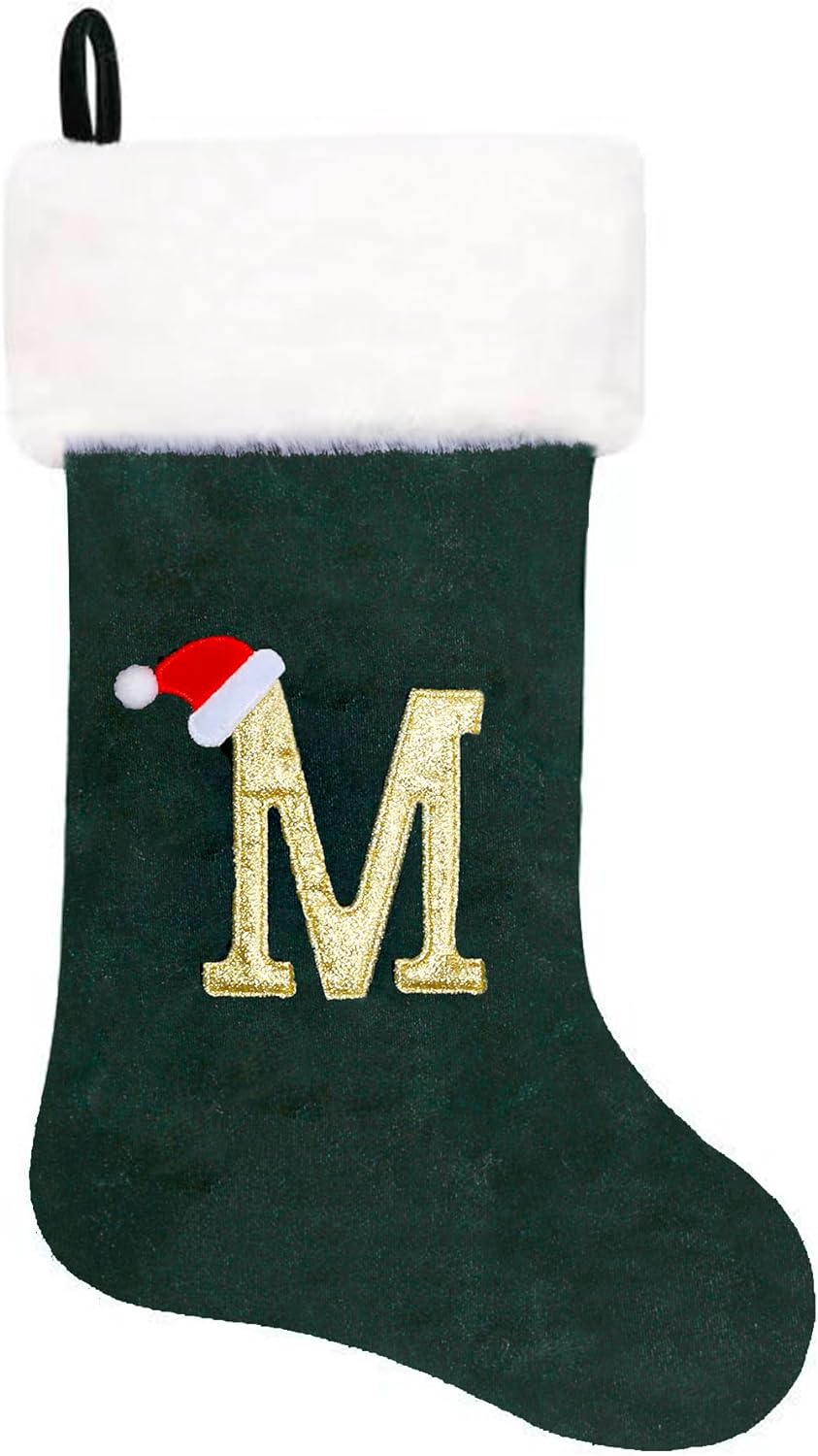 Eoocan 20 Inches Monogram Christmas Stockings Red Velvet with White Super Soft Plush Cuff Embroidered Xmas Stockings Classic Personalized Stocking Decorations for Family Holiday Season Decor(Letter M)