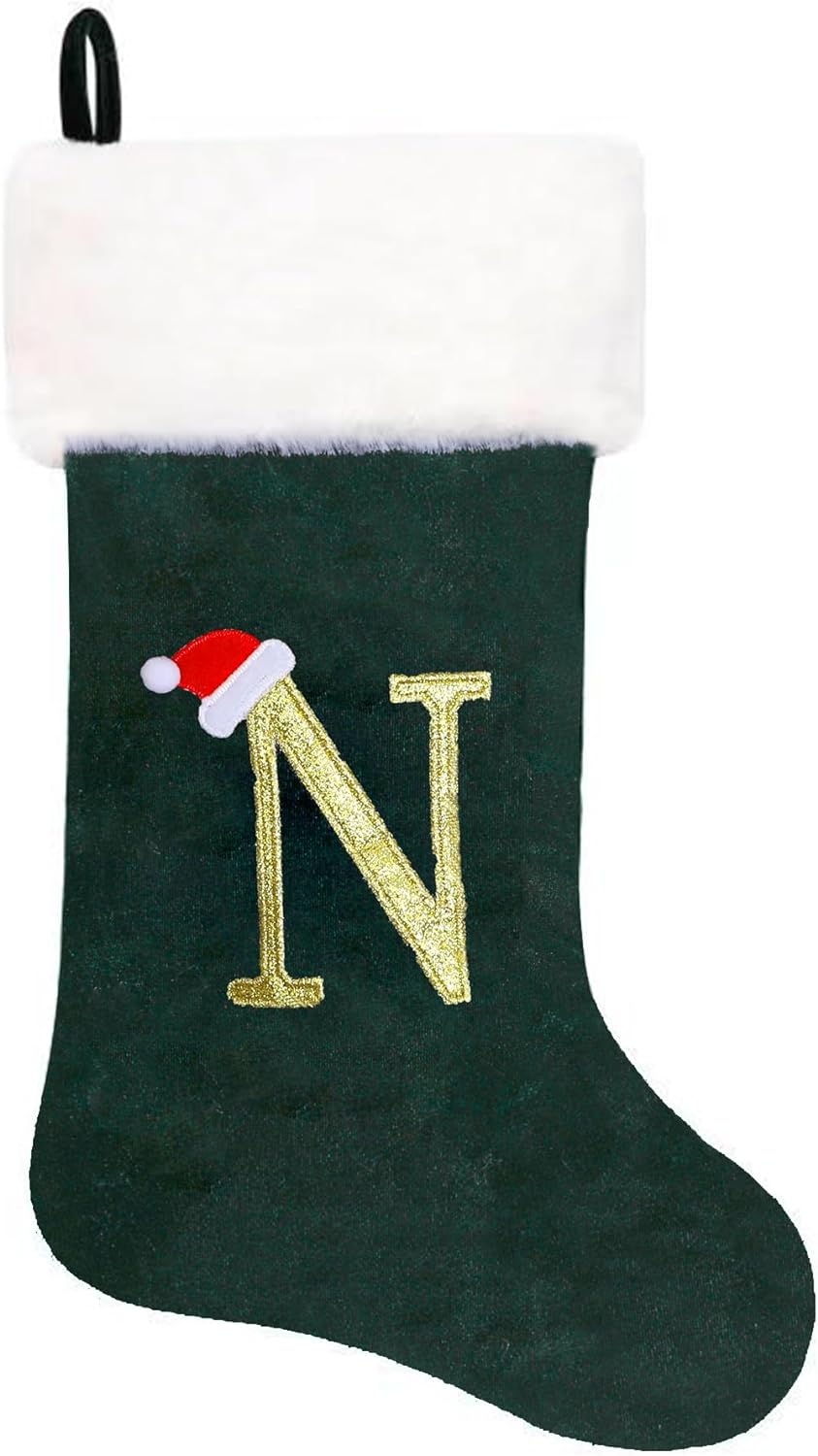 Eoocan 20 Inches Monogram Christmas Stockings Red Velvet with White Super Soft Plush Cuff Embroidered Xmas Stockings Classic Personalized Stocking Decorations for Family Holiday Season Decor(Letter J)