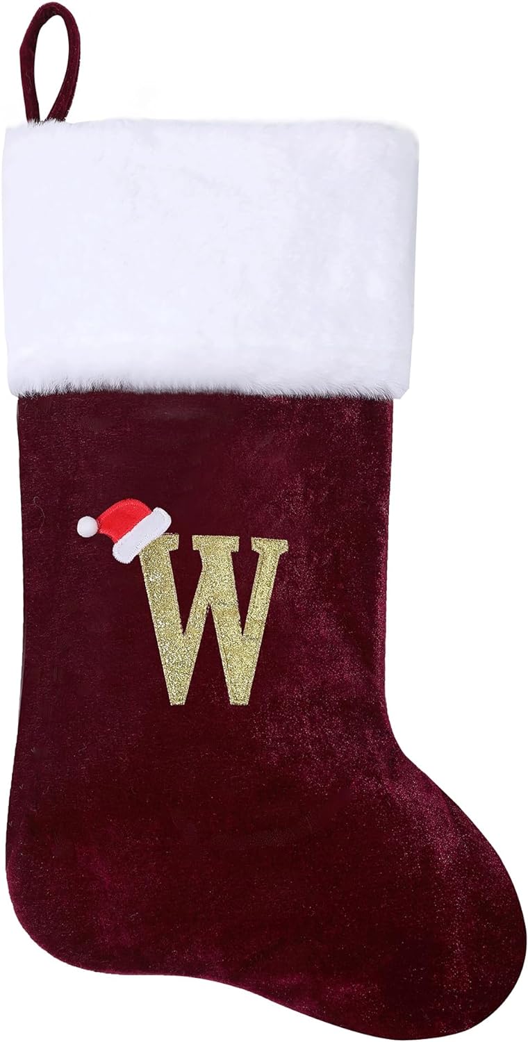 Eoocan 20 Inches Monogram Christmas Stockings Red Velvet with White Super Soft Plush Cuff Embroidered Xmas Stockings Classic Personalized Stocking Decorations for Family Holiday Season Decor(Letter J)