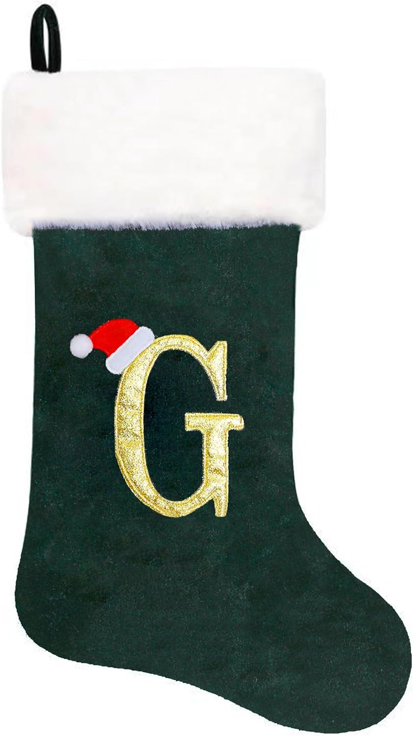 Eoocan 20 Inches Monogram Christmas Stockings Red Velvet with White Super Soft Plush Cuff Embroidered Xmas Stockings Classic Personalized Stocking Decorations for Family Holiday Season Decor(Letter J)